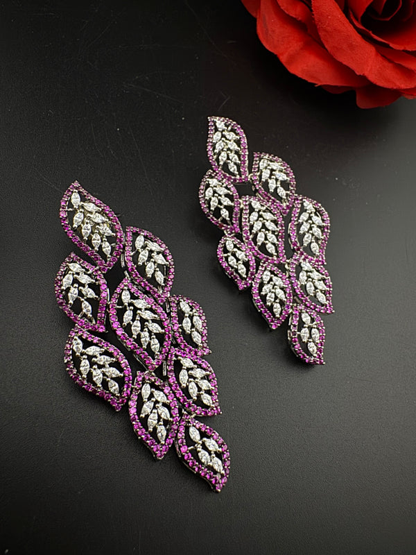 Premium Nano Setting Cubic Zirconia Long Chandelier earrings in leaf shape, stylish, designer Statement long earring/Bridal Bridesmaid