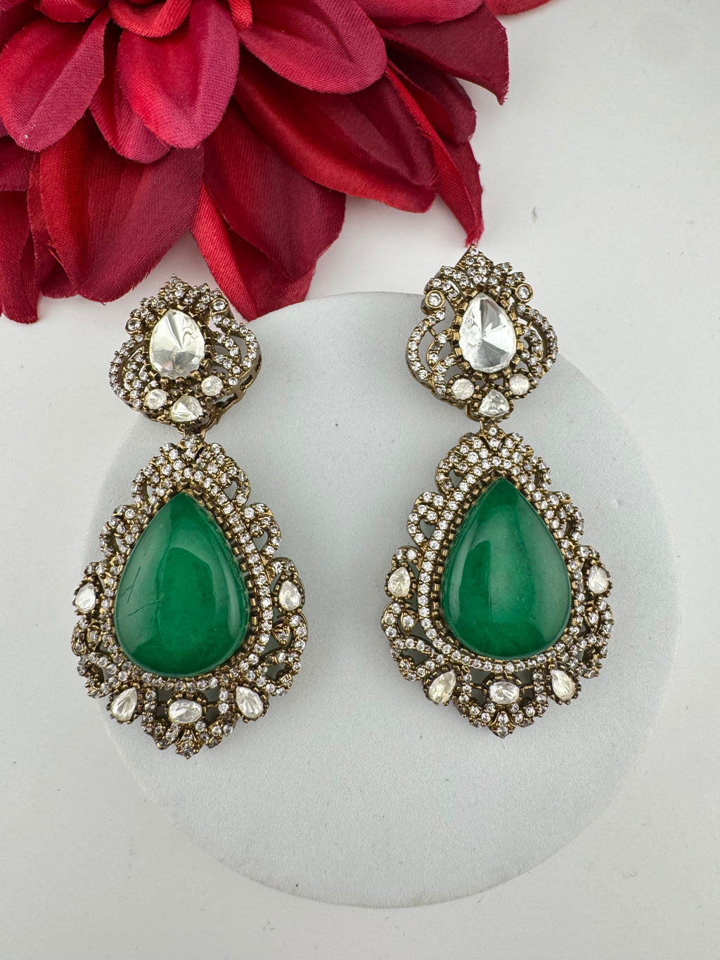 Green and Gold Kundan, Doublet Stone Chandelier Long Earrings, Bridal, Moissanite, CZ, Designer jewelry