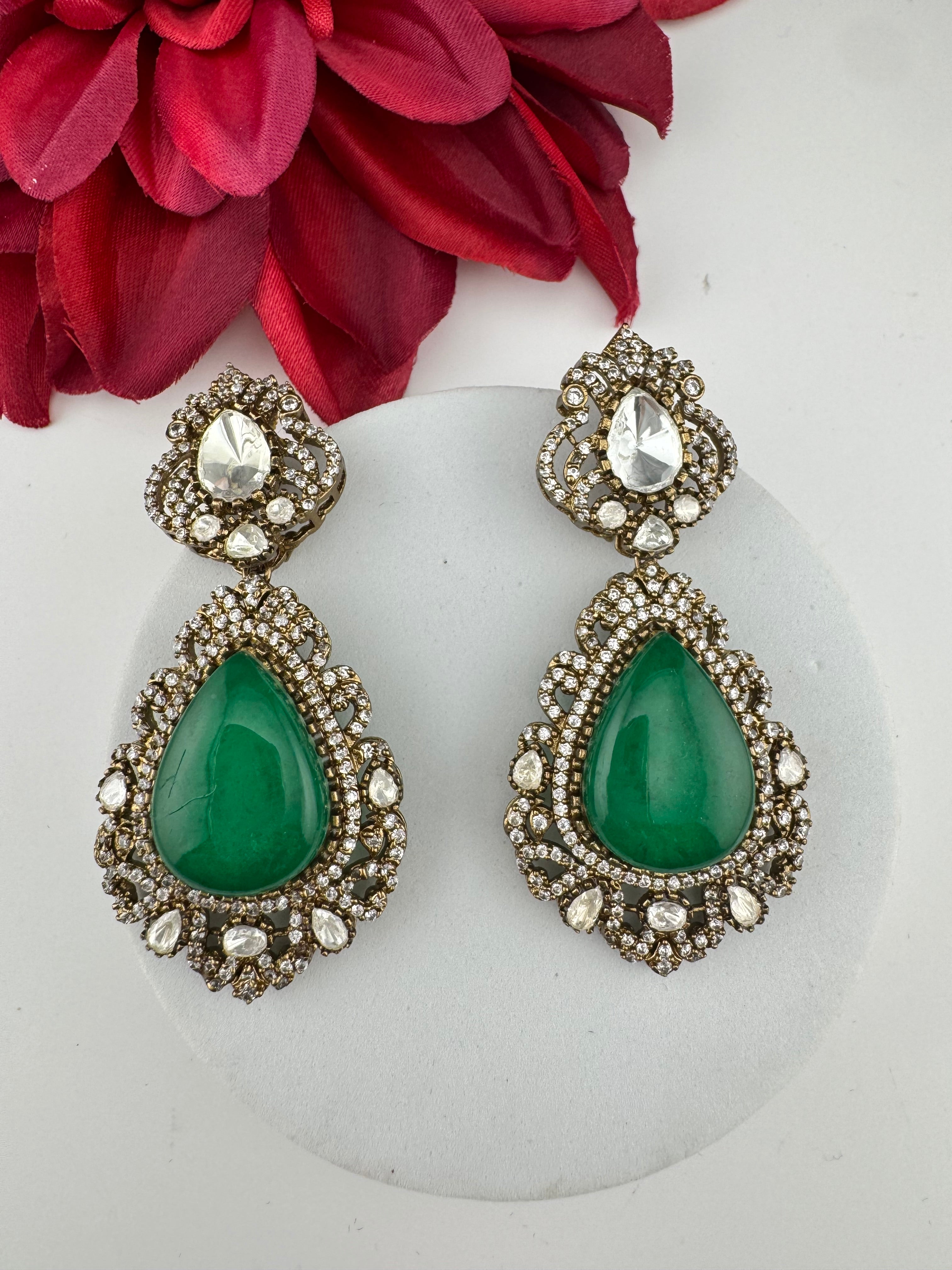 Green and Gold Kundan, Doublet Stone Chandelier Long Earrings, Bridal, Moissanite, CZ, Designer jewelry