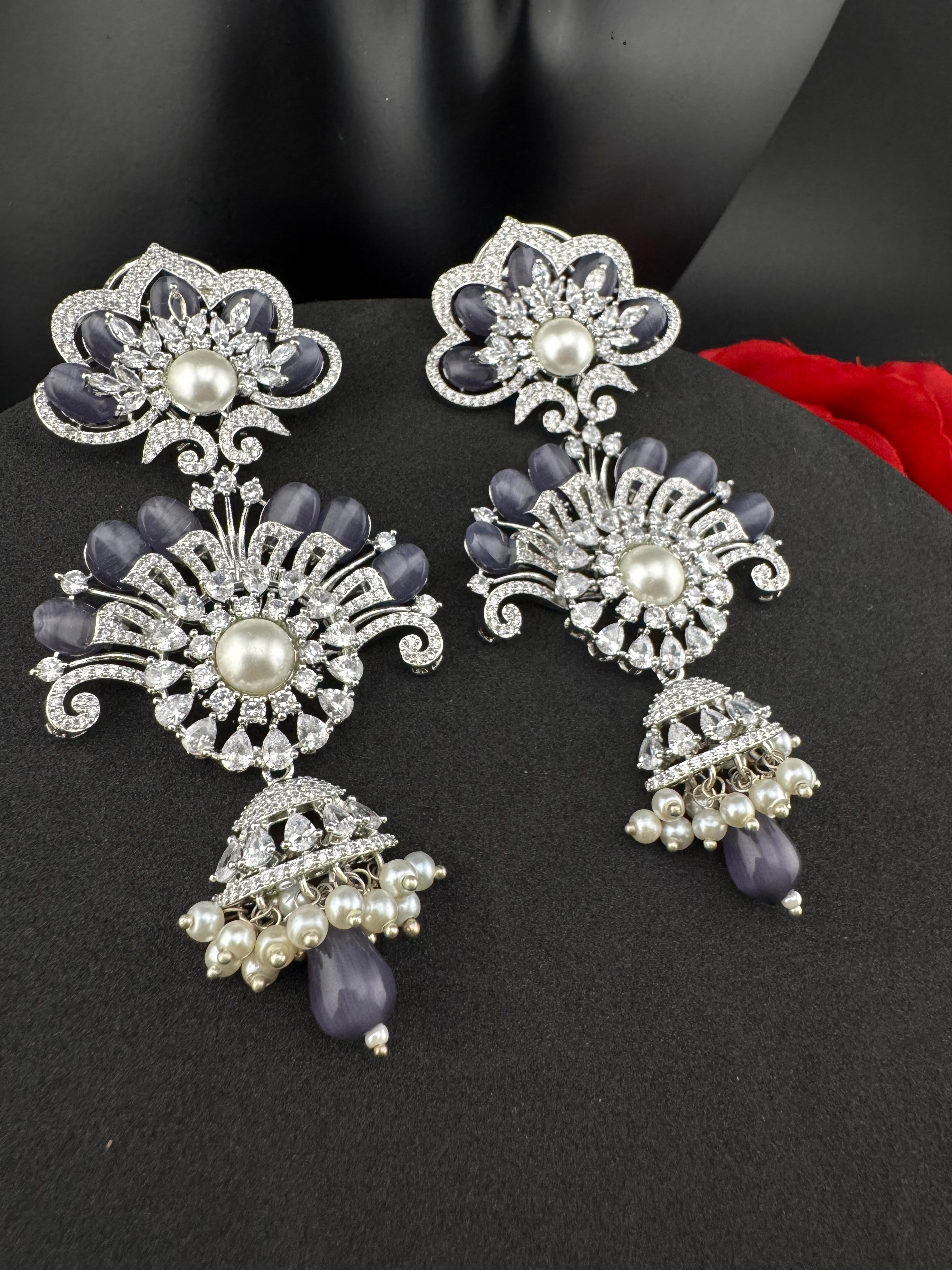 Premium Cubic Zirconia Pearl Chandelier Long earrings is designer Inspired, Statement Long Big earring, Bridal, Party, Wedding jewelry,