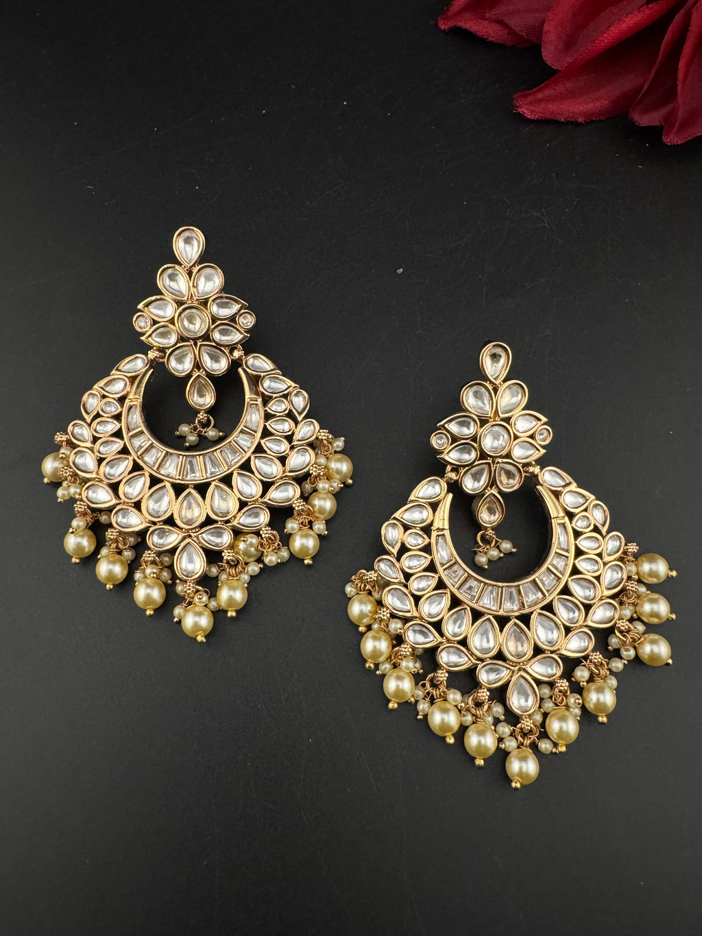 White and Gold Kundan, Pearls Chandelier Earrings, High shine Bridal, Moissanite ,CZ, Designer jewelry