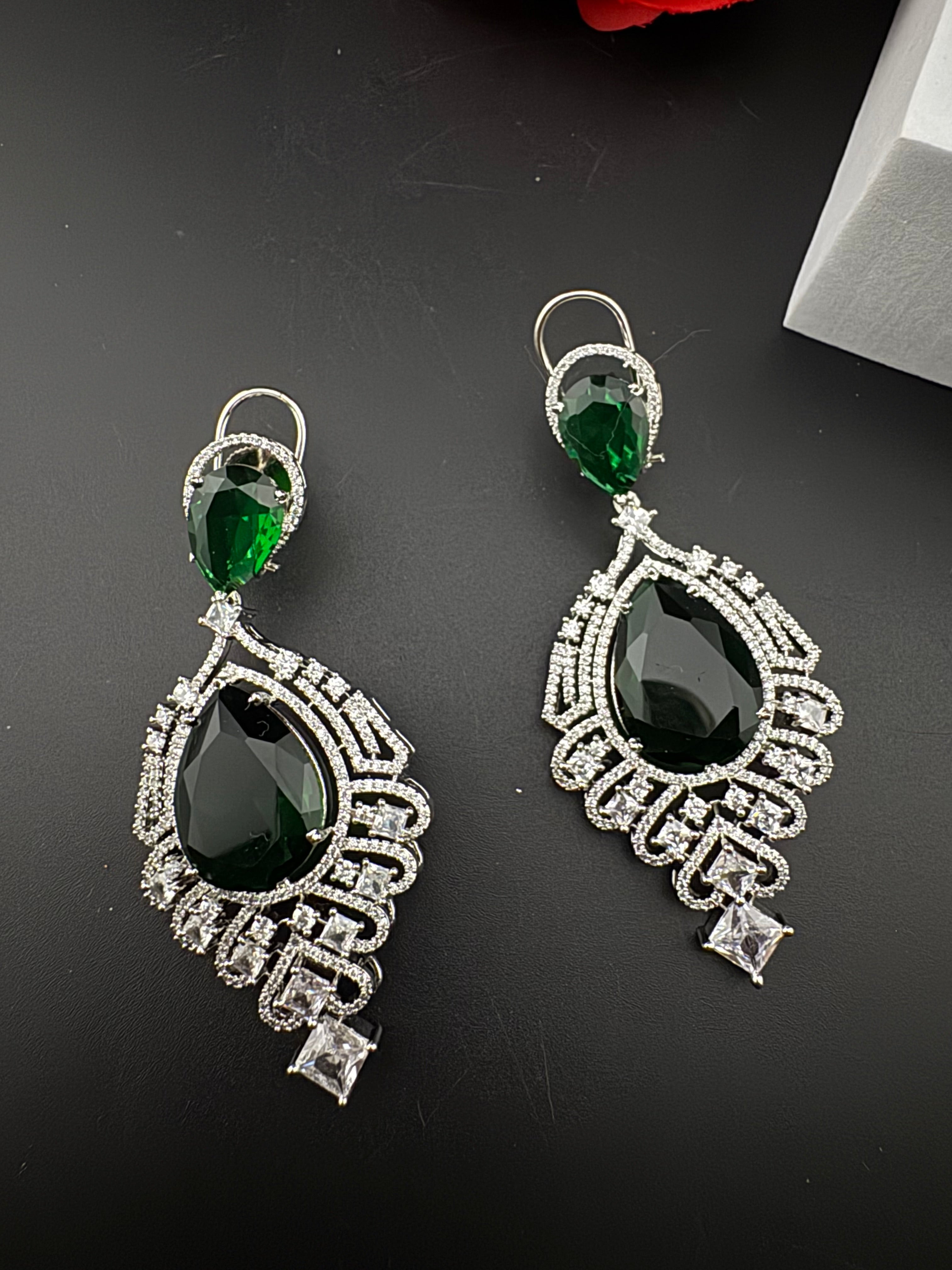 Premium Cubic Zirconia, Glass stone in unique style setting is a statement Drop Dangle earring/Indian/Bridal Jewelry, Bridesmaid Gift