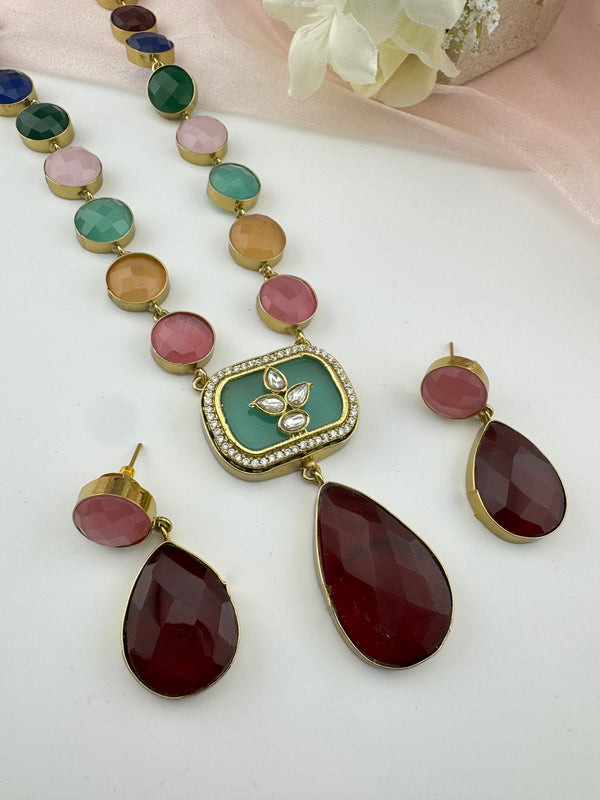 Kundan, CZ, MOP, Stone inlay Long Golden necklace set, Rani haar, everyday wear jewelry