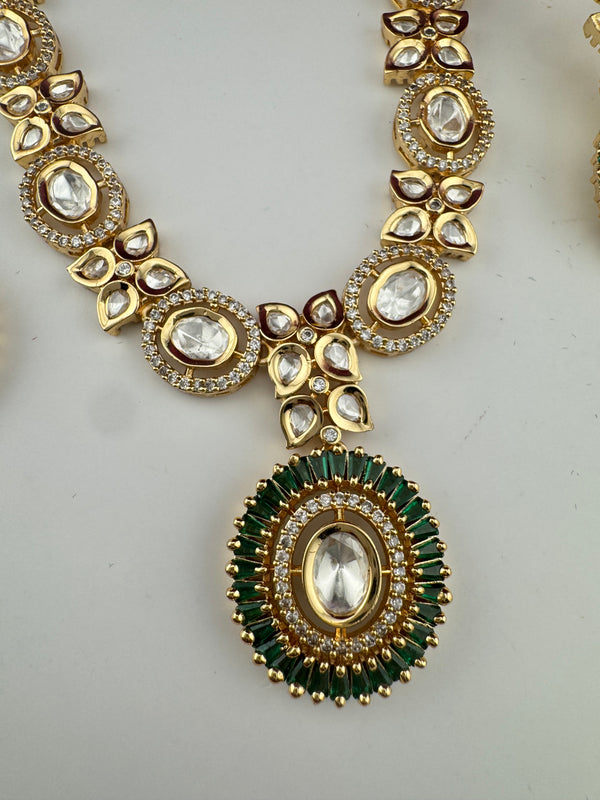 Cubic Zirconia, Kundan, Long Gold Necklace Set, Indian Bridal Rani Haar