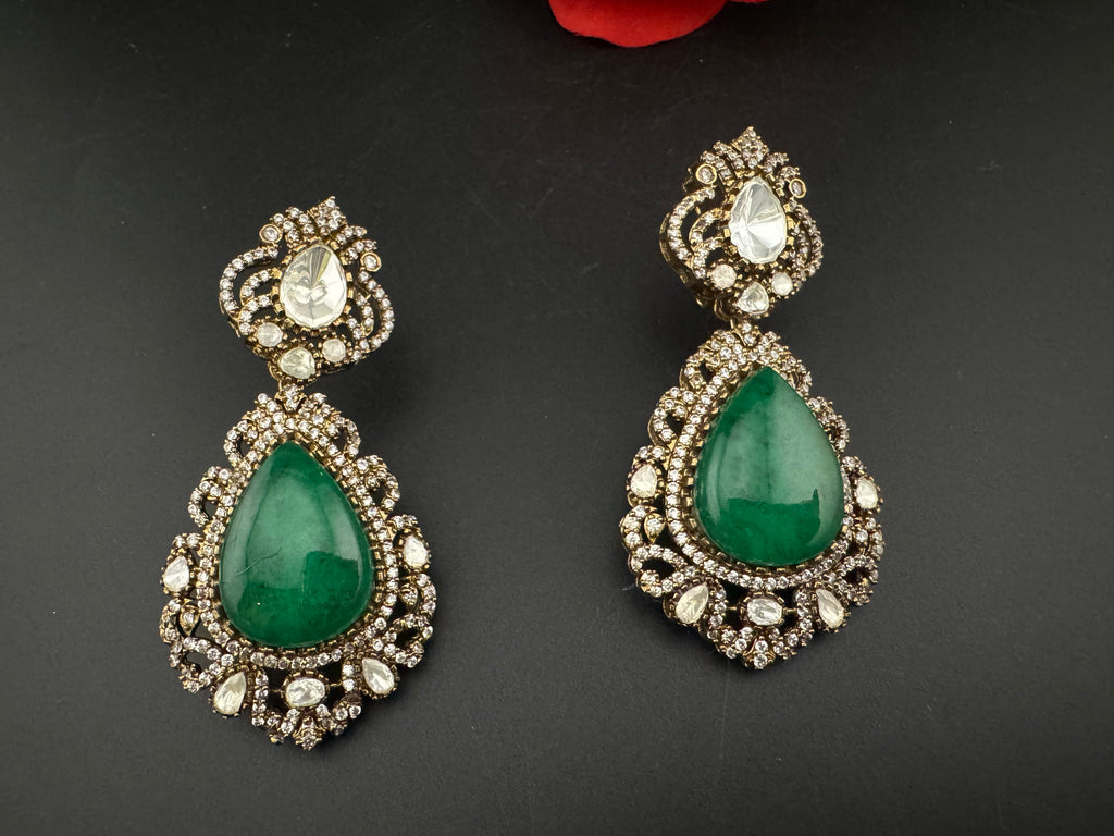 Green and Gold Kundan, Doublet Stone Chandelier Long Earrings, Bridal, Moissanite, CZ, Designer jewelry