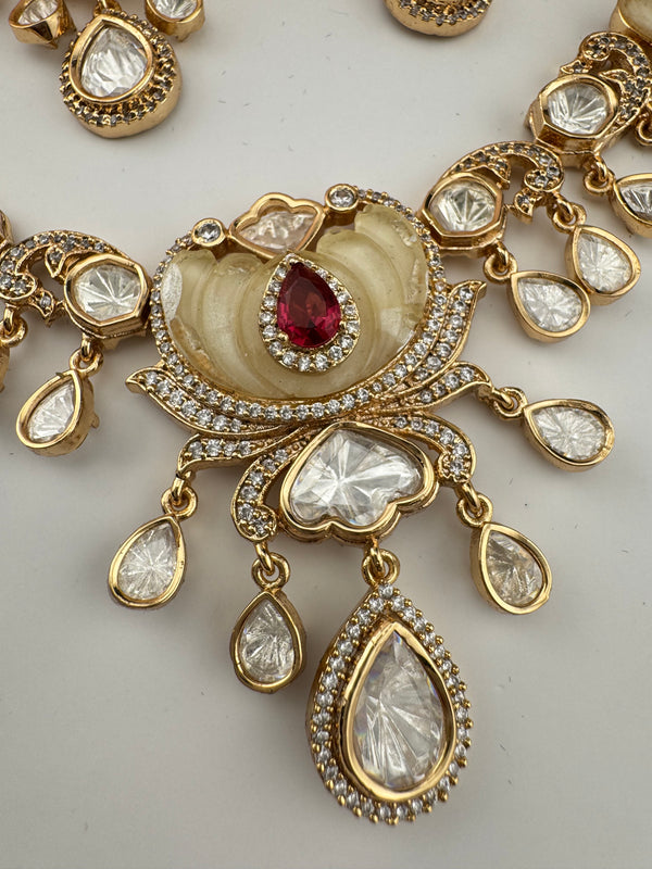 Kundan, Moissanite, MOP, CZ Flexible Gold necklace set, Indian Bridal Jewelry