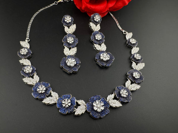 Nano Setting CZ Diamond Statement Necklace Set, White Gold Plated Choker set, nature inspired