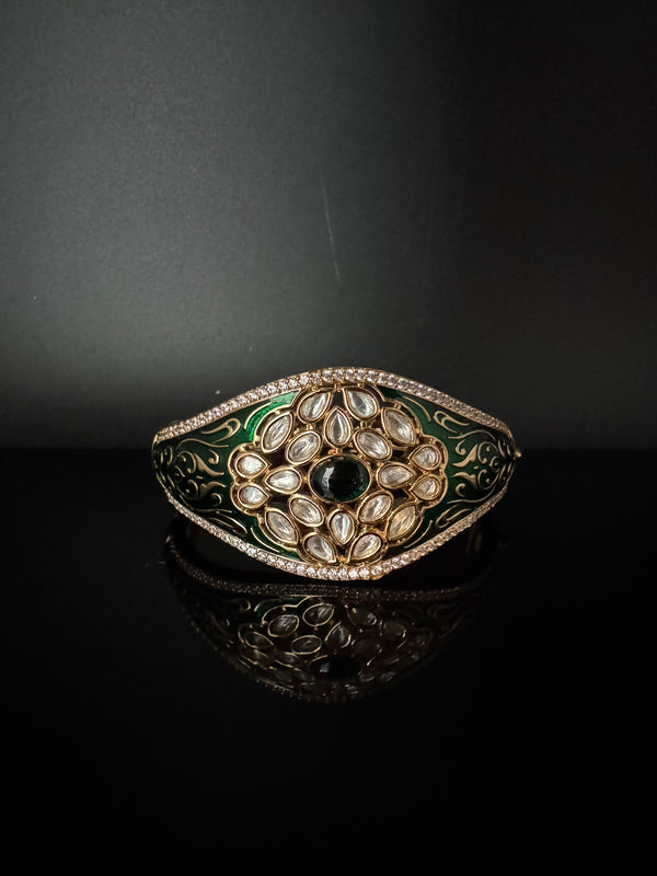 Moissanite Kundan, Enamel, CZ Openable Bracelet Bangle, Gold Polish (Fits 2.6" wrists)