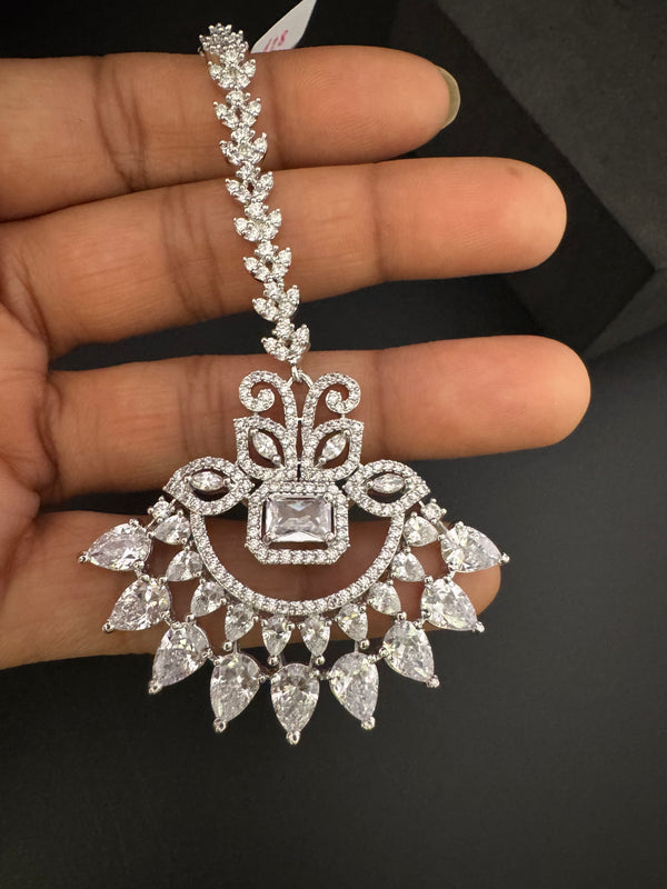 Silver Cubic Zirconia/Diamond Tikka, Indian Maang Tikka, Headpiece, Bridal jewelry (Copy)