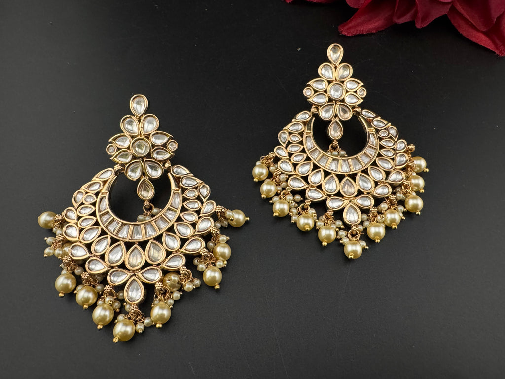 White and Gold Kundan, Pearls Chandelier Earrings, High shine Bridal, Moissanite ,CZ, Designer jewelry