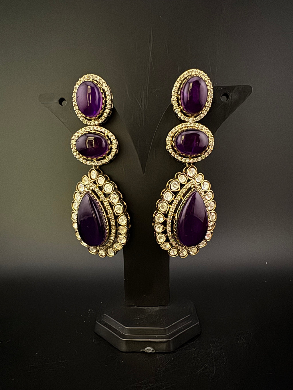 Purple and Gold Kundan, Doublet Stone Chandelier Long Earrings, Bridal, Moissanite, CZ, Designer jewelry