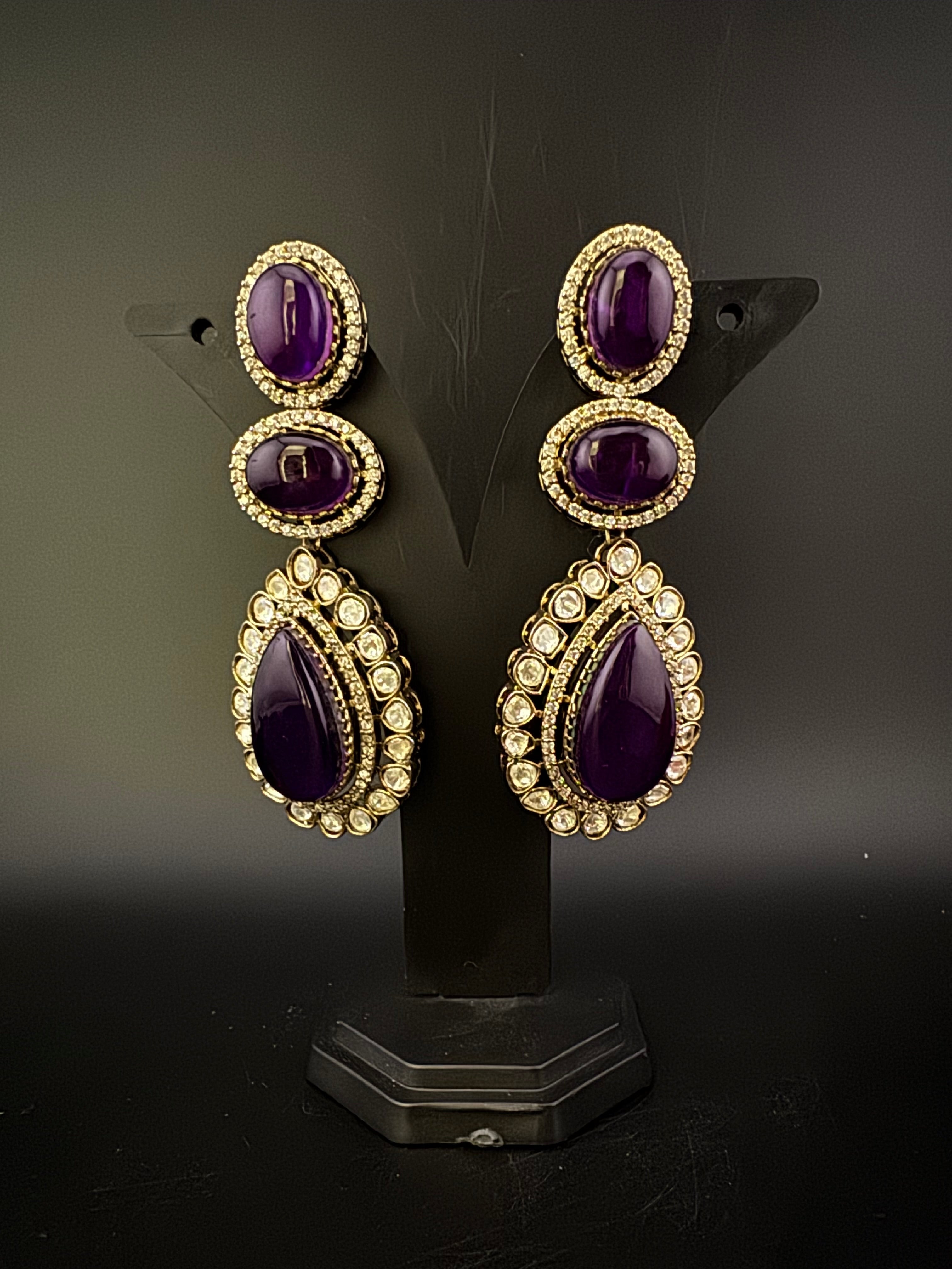 Purple and Gold Kundan, Doublet Stone Chandelier Long Earrings, Bridal, Moissanite, CZ, Designer jewelry