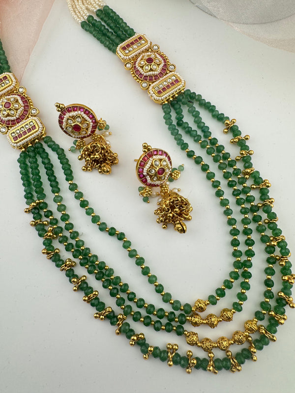 Rajwadi Kundan, Green hydro beads, Pachi, Pearl Long Gold Necklace Set, Indian Bridal Rani Haar