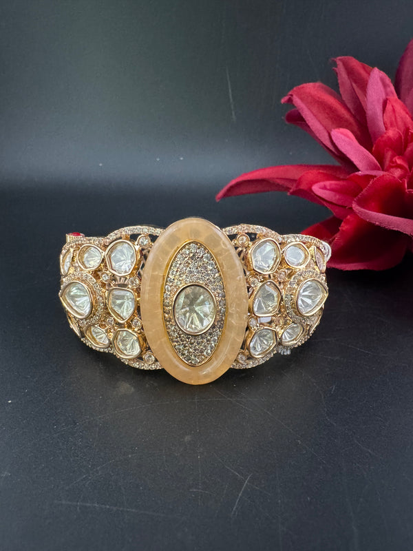 Moissanite Kundan, MOP, CZ Adjustable Bracelet Bangle, Gold Polish Designer Bangle