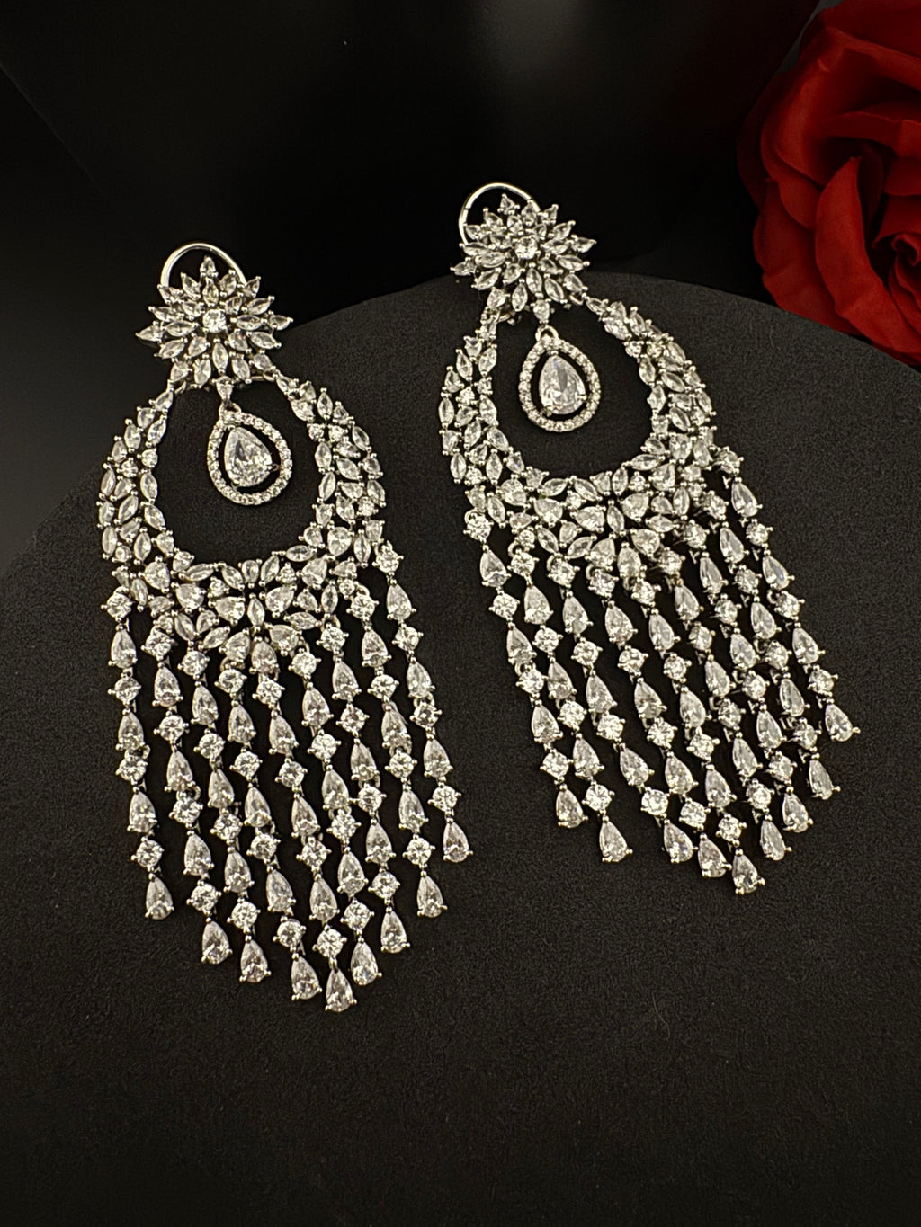 Premium Cubic Zirconia Chandelier Oversized earrings is designer Inspired, Statement Long earring, Bridal, Party, Wedding jewelry,