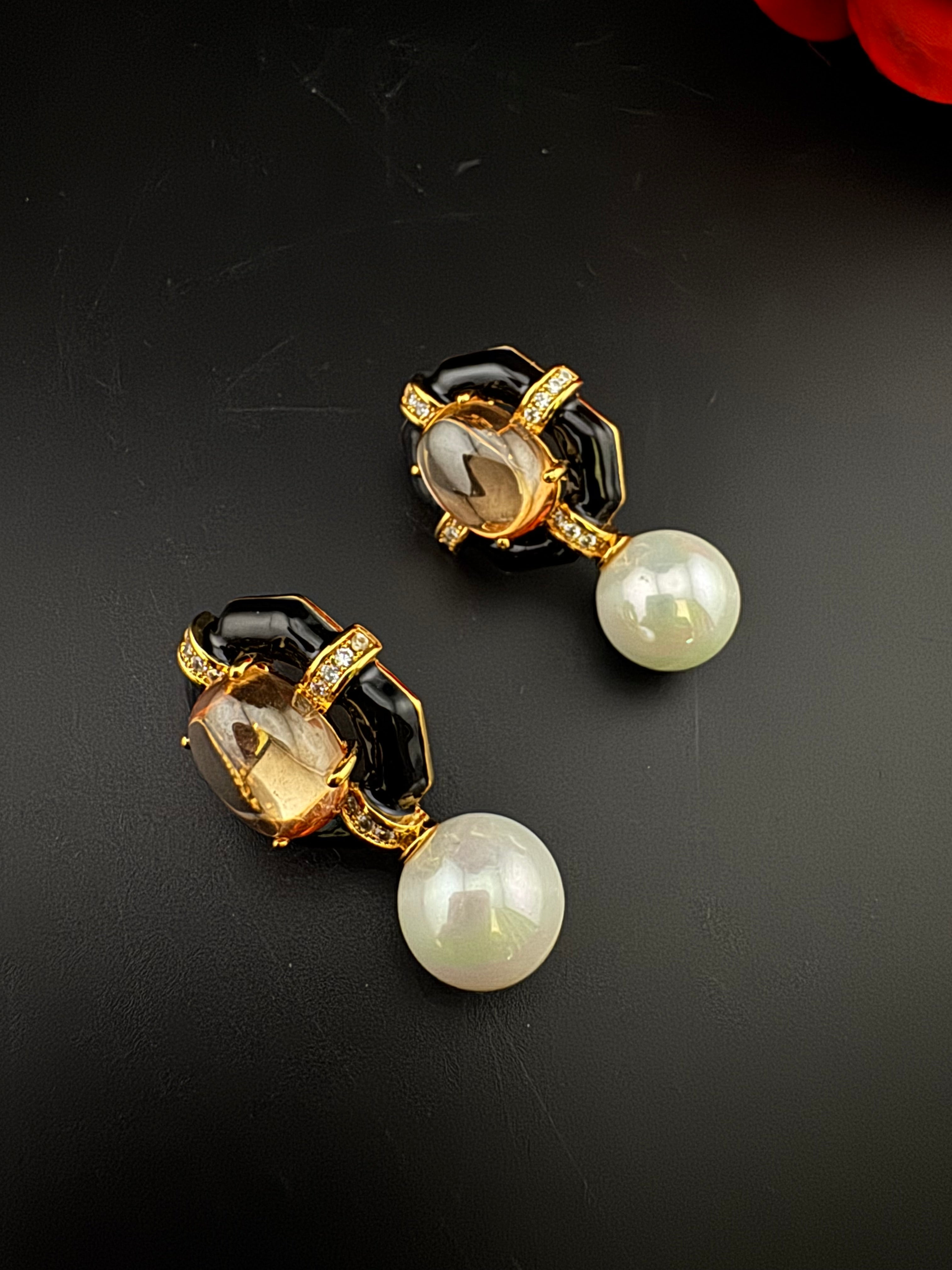 Designer inspired Enamel and Stone Pearls drop earrings, Statement jewelry, Indian Jewelry, Drop and Studs earrings, Bridesmaid Gift