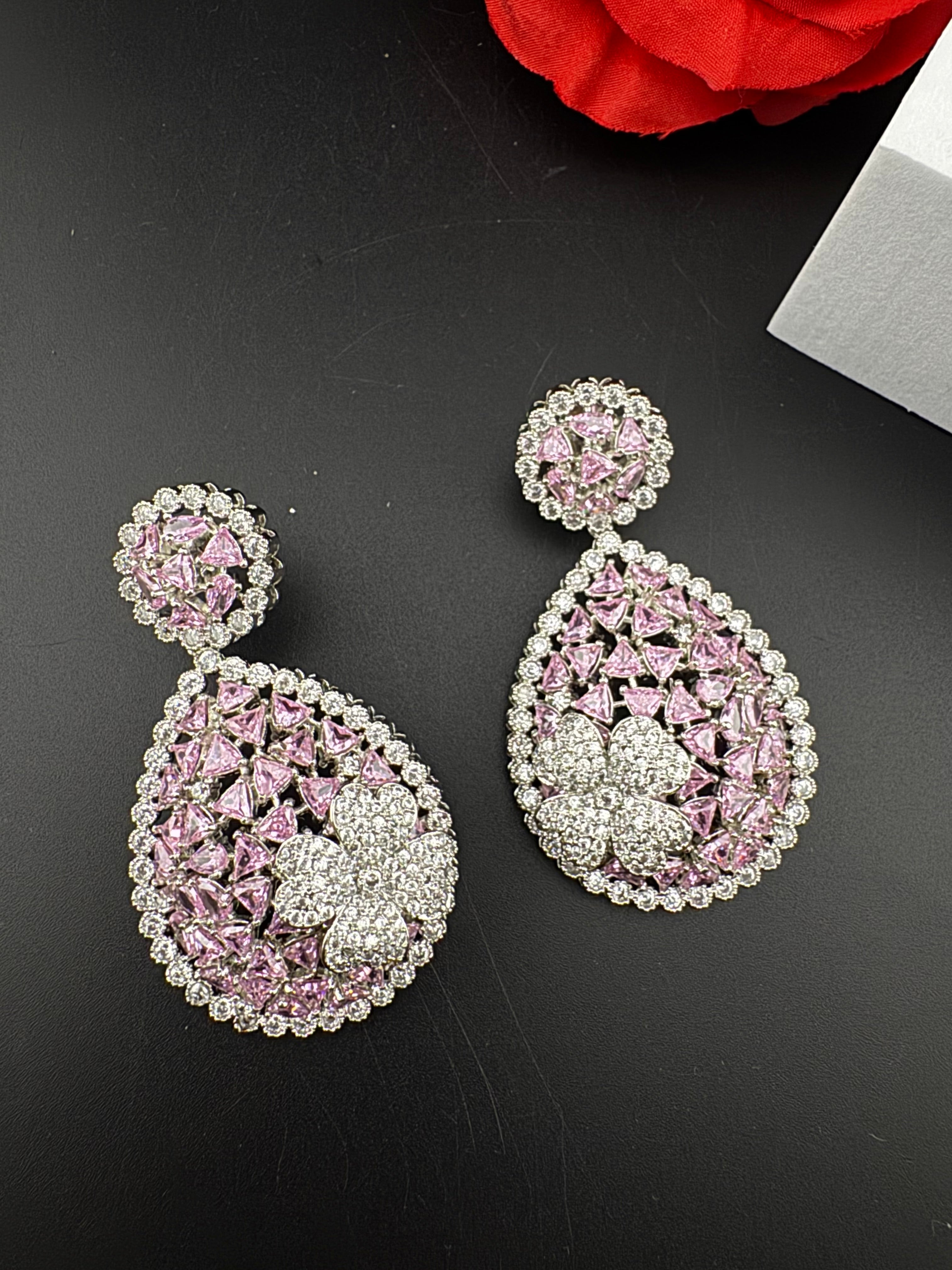 Premium Nano Setting of Cubic Zirconia in silver is designer Inspired Statement Drop Dangle earring/Unique Indian, Bridal, bridesmaid gift