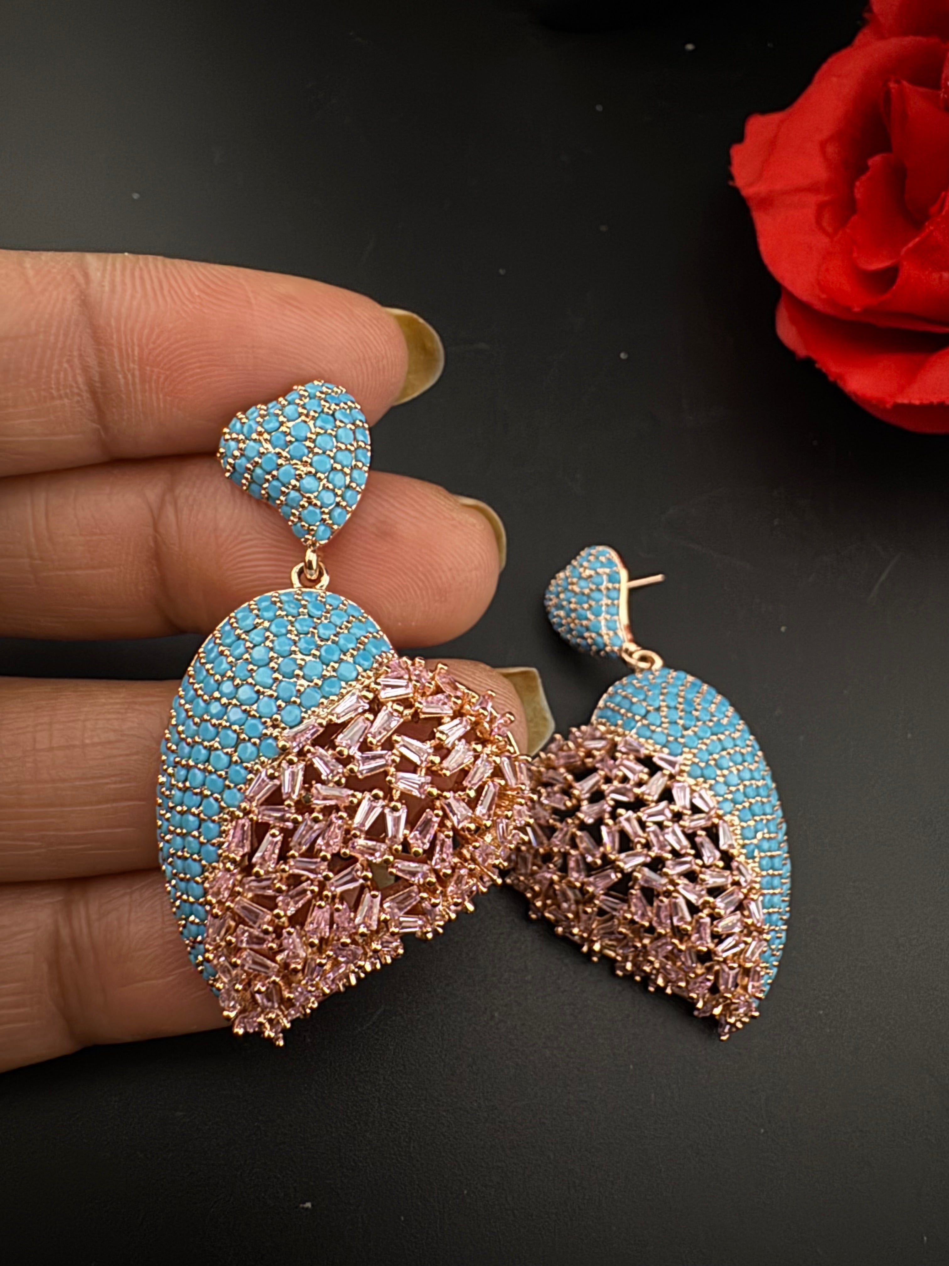 Premium Nano Setting Multicolor Cubic Zirconia, Crystal stones in Unique setting is designer Inspired Statement Heart shaped earrings