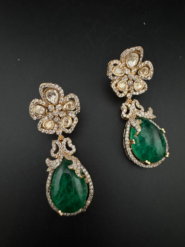 Green and Gold Kundan, Doublet Stone Chandelier Drop Earrings, Bridal, Moissanite, CZ, Designer jewelry