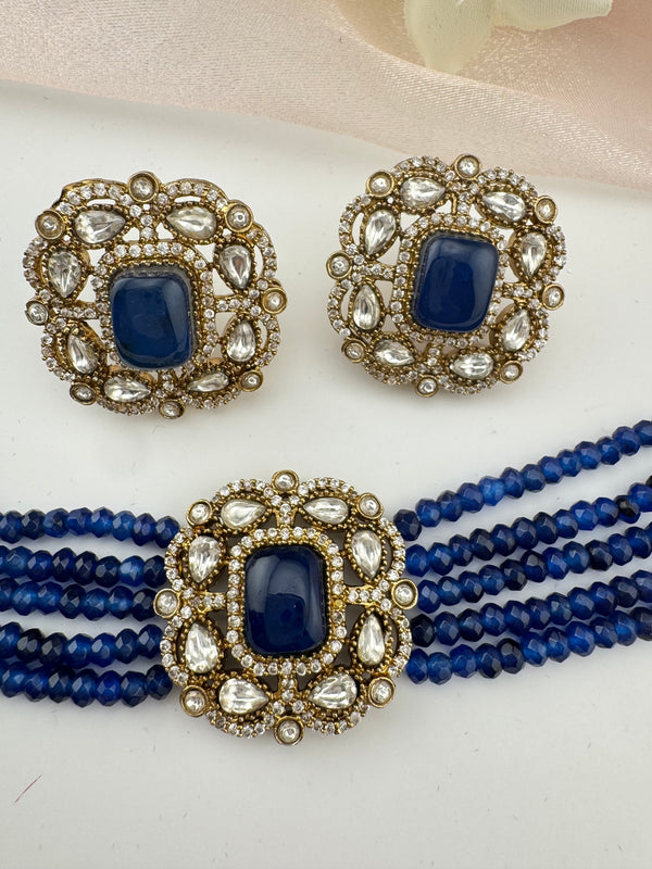 Moissanite Kundan, Hydro beads, CZ, Stones Choker necklace set, Indian Bridal Jewelry, chic set