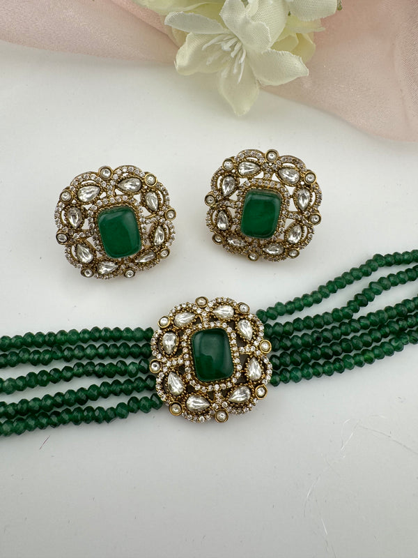 Moissanite Kundan, Hydro beads, CZ, Stones Choker necklace set, Indian Bridal Jewelry, chic set