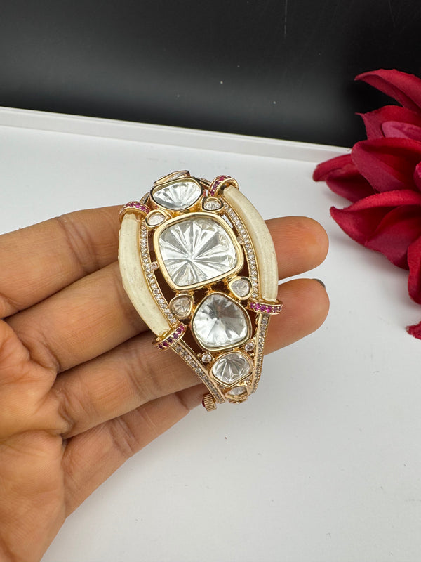 Moissanite Kundan, MOP, CZ Adjustable Bracelet Bangle, Gold Polish Designer Bangle