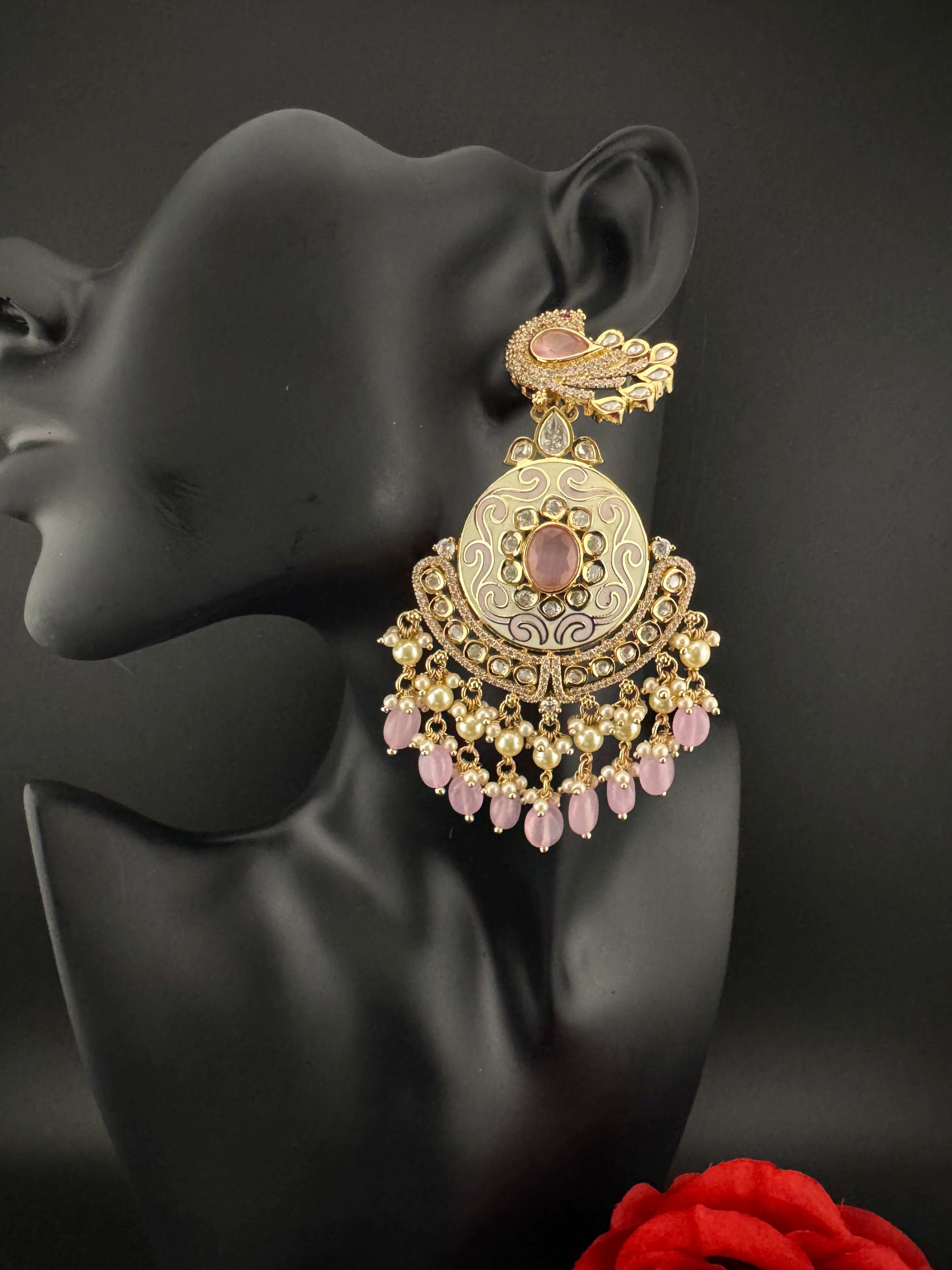 Enamel and Gold Kundan Chandelier Long Earrings, High shine Bridal Moissanite CZ, Designer Earrings