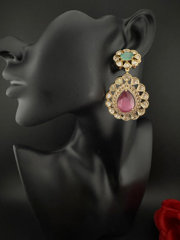 Pink and Green Kundan, CZ, Chandbali Earrings, High shine, Bridal, Moissanite, Tyaani inspired Designer jewelry
