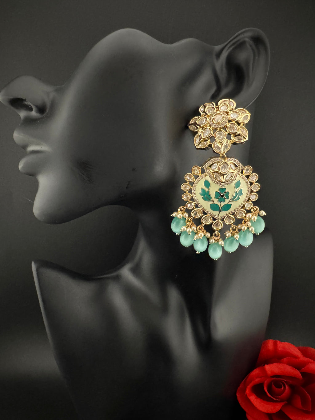 Enamel and Gold Kundan Chandelier Long Earrings, High shine Bridal Moissanite CZ, Designer Earrings