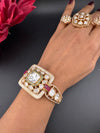 Ruby Green Moissanite Kundan, MOP, CZ Adjustable Bracelet Bangle, Gold Polish (Fits size 2.6")