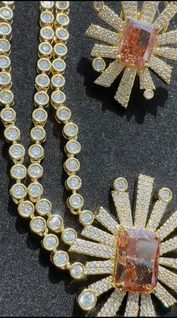 Swarovski Crystals and CZ Diamond star burst Necklace Set, Gold Plated set