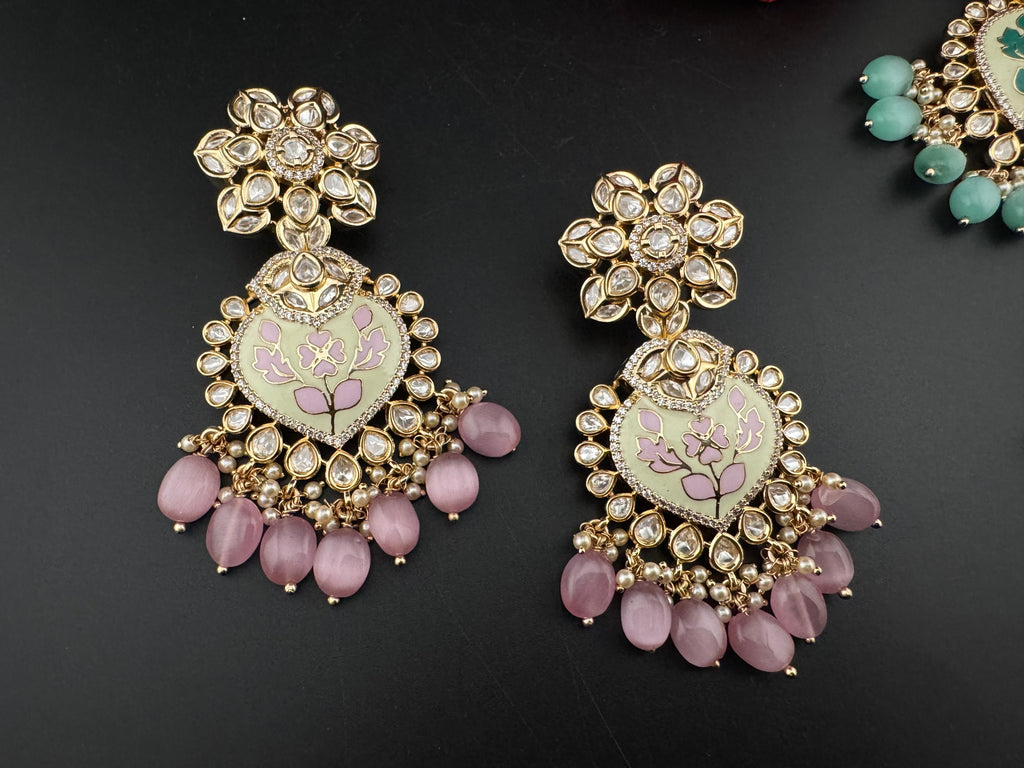 Enamel and Gold Kundan Chandelier Long Earrings, High shine Bridal Moissanite CZ, Designer Earrings