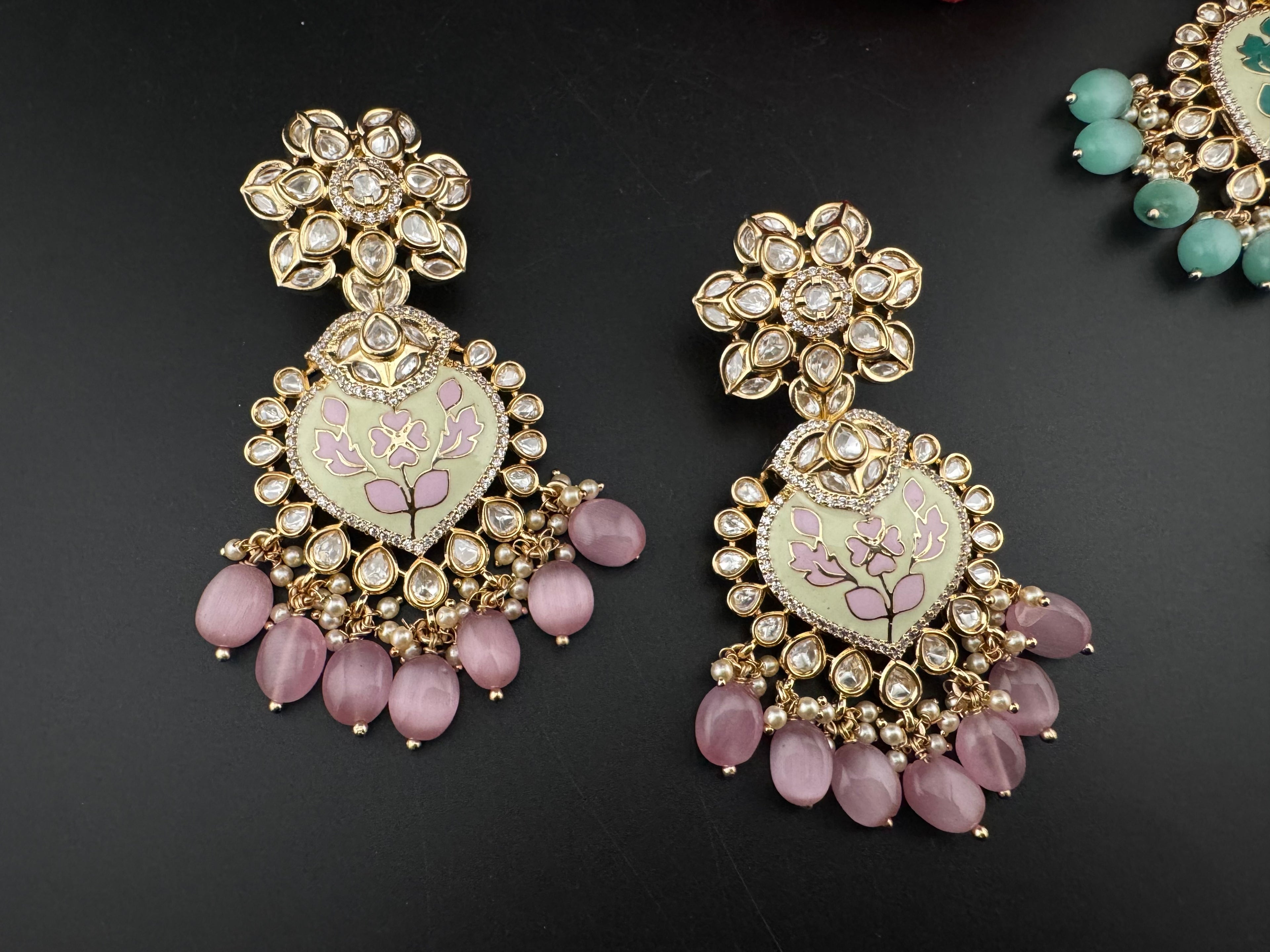 Enamel and Gold Kundan Chandelier Long Earrings, High shine Bridal Moissanite CZ, Designer Earrings