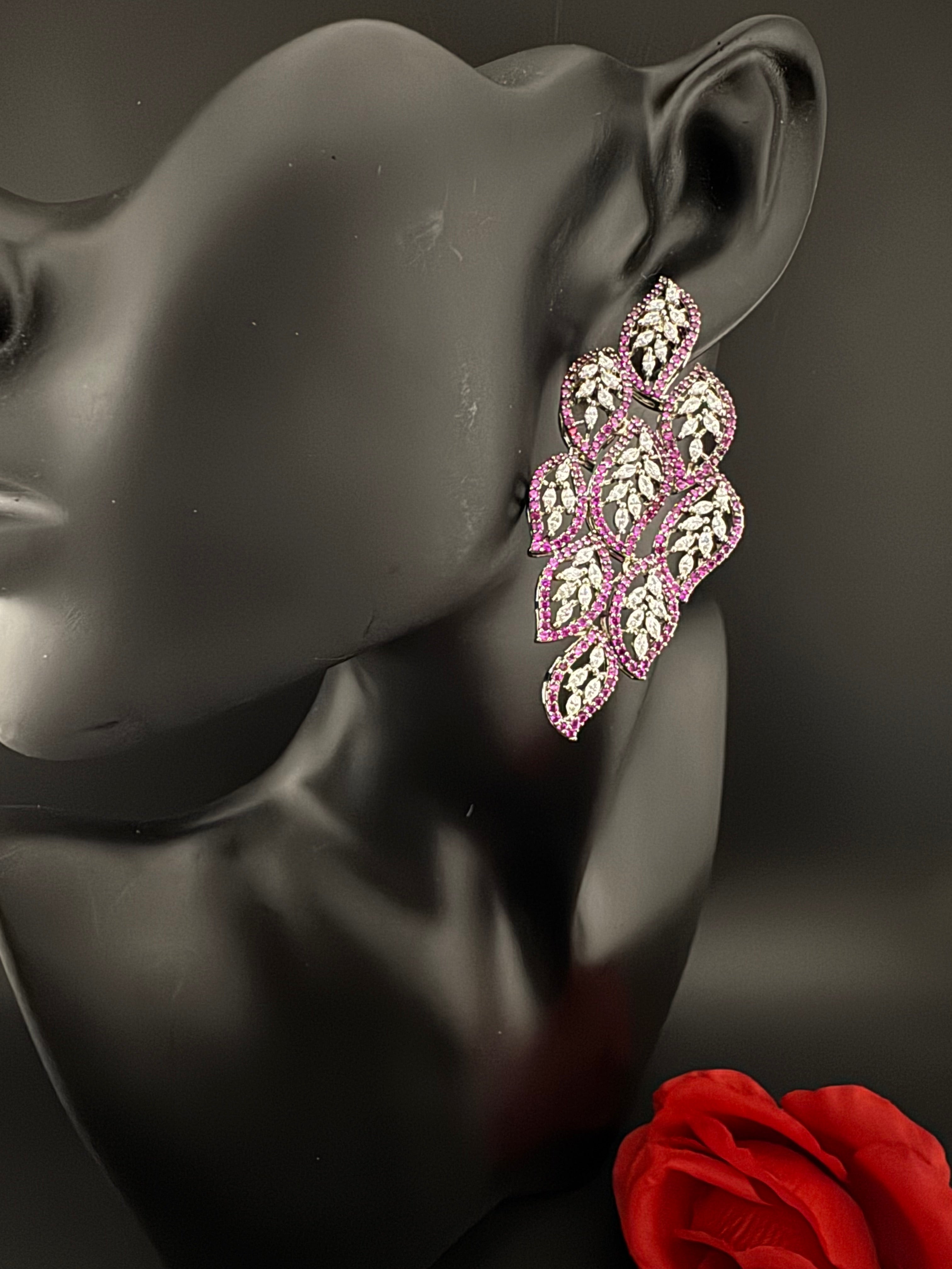 Premium Nano Setting Cubic Zirconia Long Chandelier earrings in leaf shape, stylish, designer Statement long earring/Bridal Bridesmaid