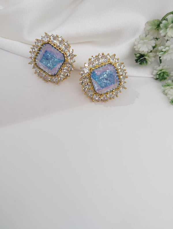 Gold Polish Crystal Stone Stud Earrings, Cubic Zirconia, AD, CZ, Indian Jewelry