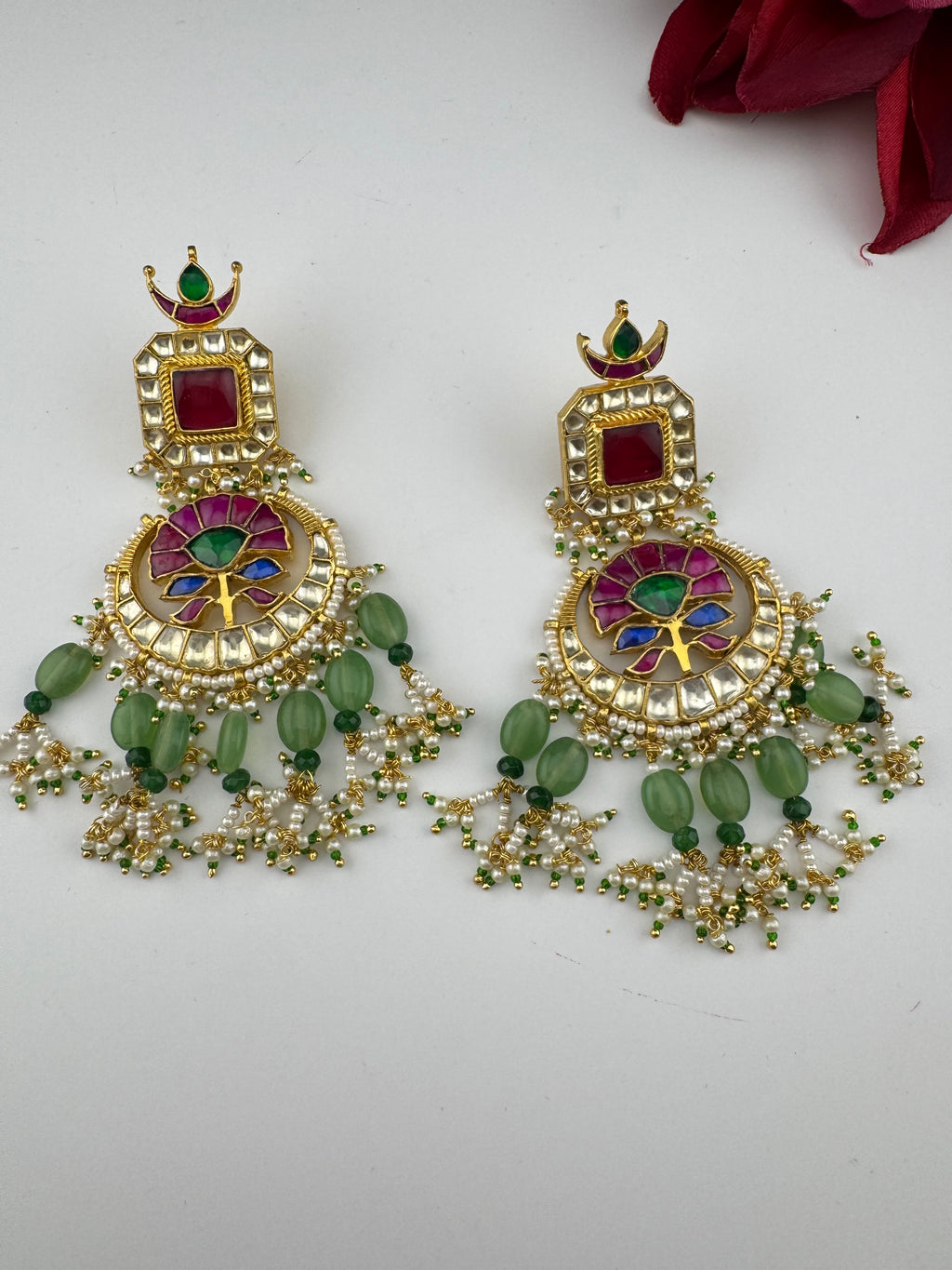Multicolor pacchi Kundan stones Pearls Oversized Chandelier Long Earrings, Bridal, Designer jewelry