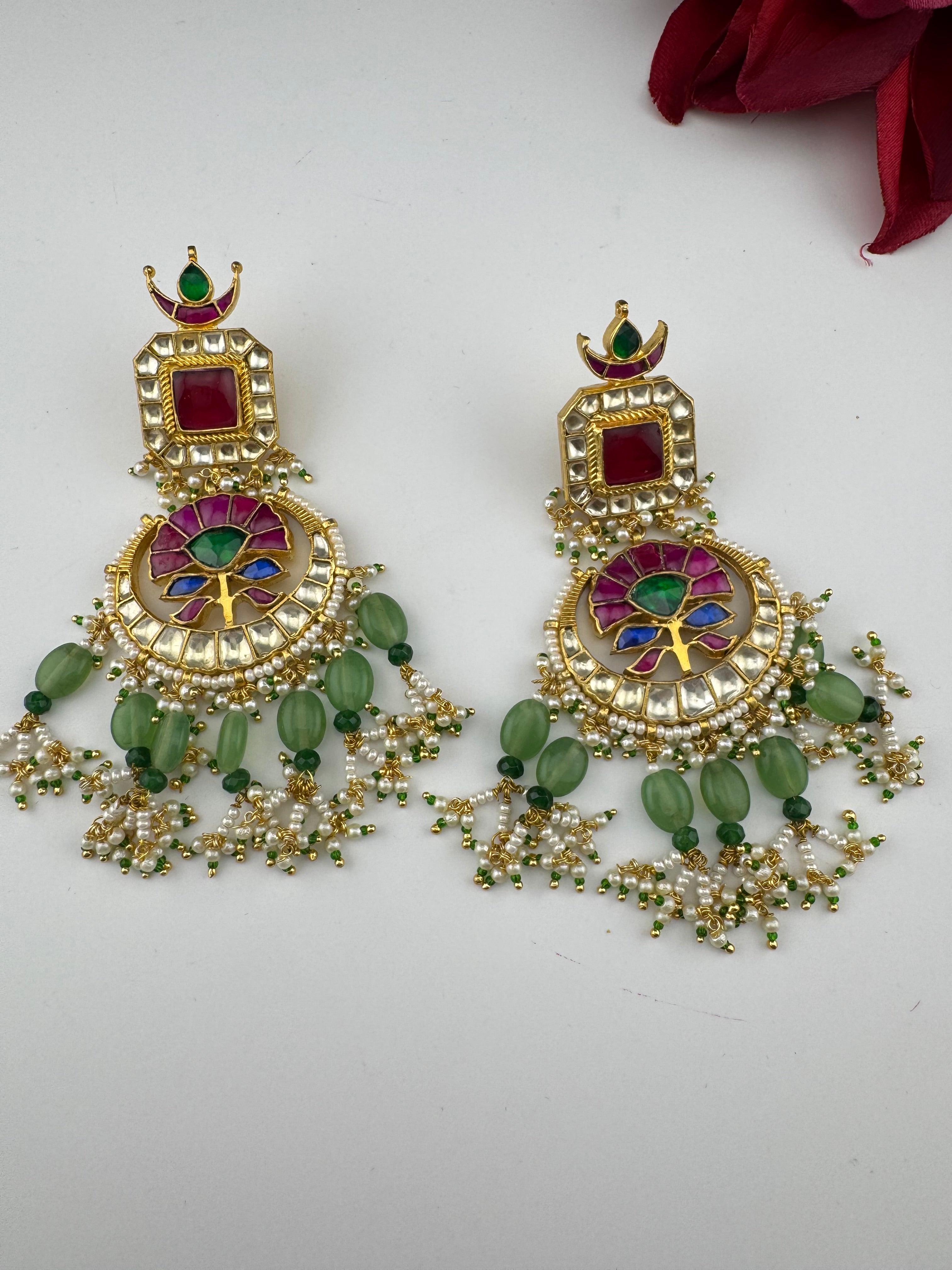 Multicolor pacchi Kundan stones Pearls Oversized Chandelier Long Earrings, Bridal, Designer jewelry