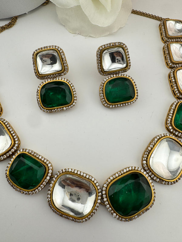Kundan, Stones, CZ Gold Plated Green necklace set, Indian Bridal Jewelry set
