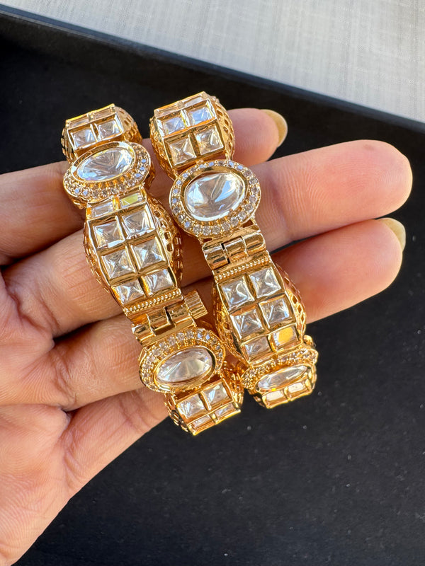 Moissanite Kundan, CZ, Openable Bracelet Bangle set of 2, Gold Polish