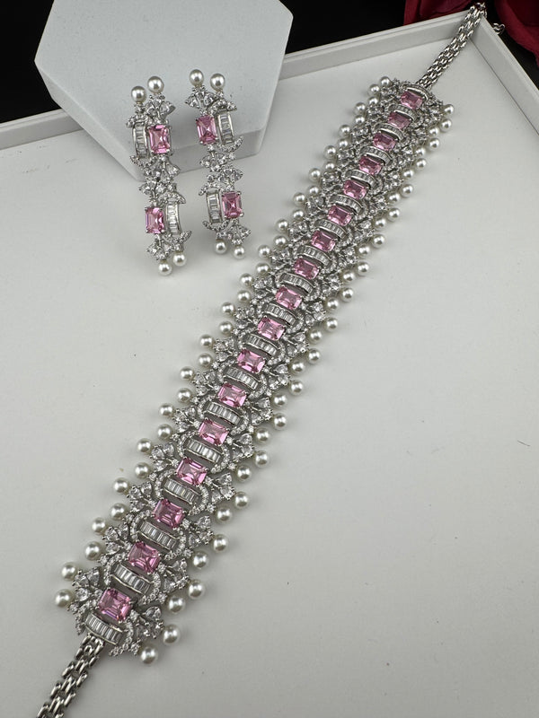 Step cut Crystals and CZ Diamond Statement Necklace Set, White Gold Plated Choker set
