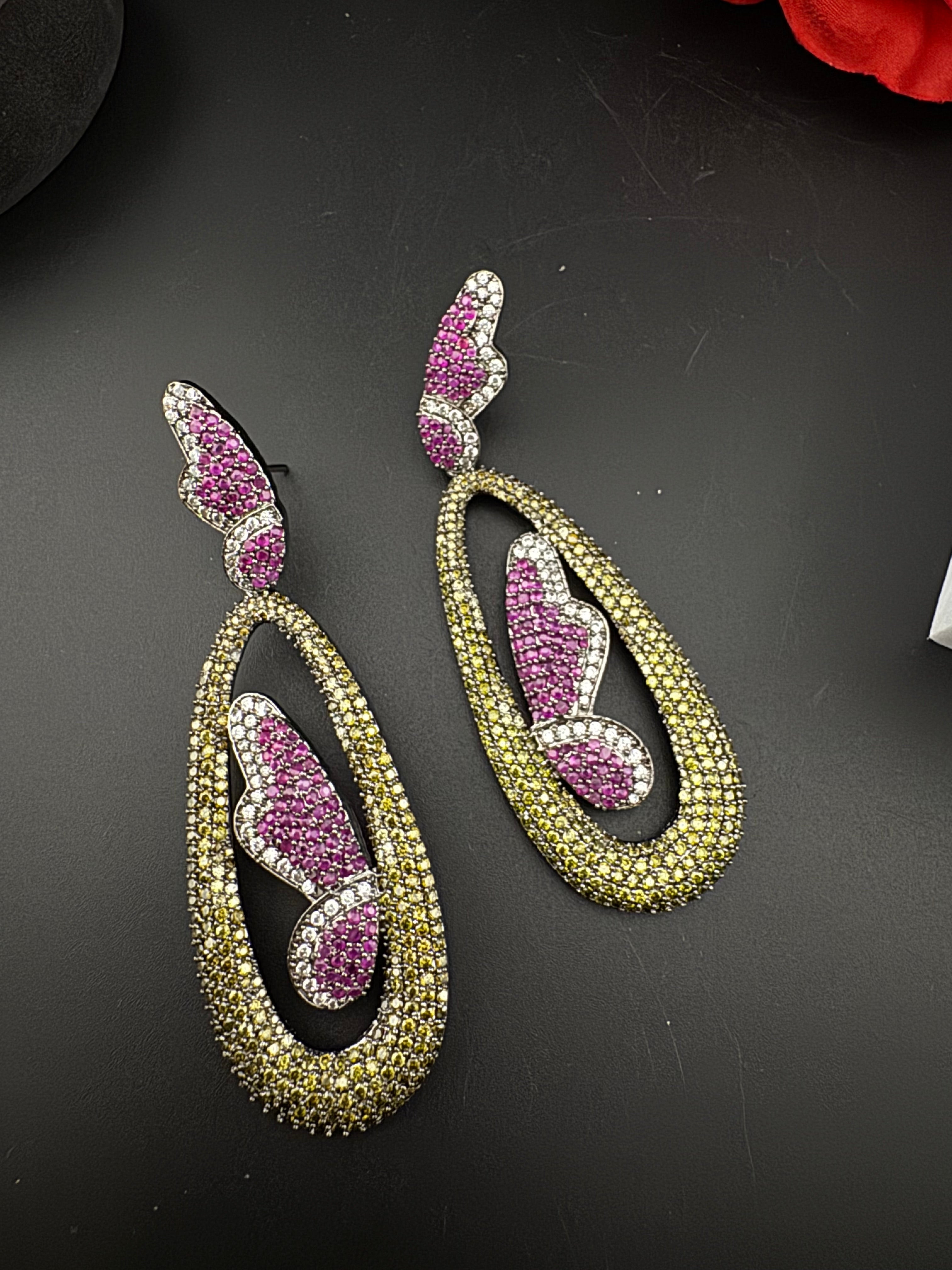 Premium Nano Setting Cubic Zirconia Victorian Long earrings in Butterfly Drop shape, designer Inspired Statement long drop dangle earrings