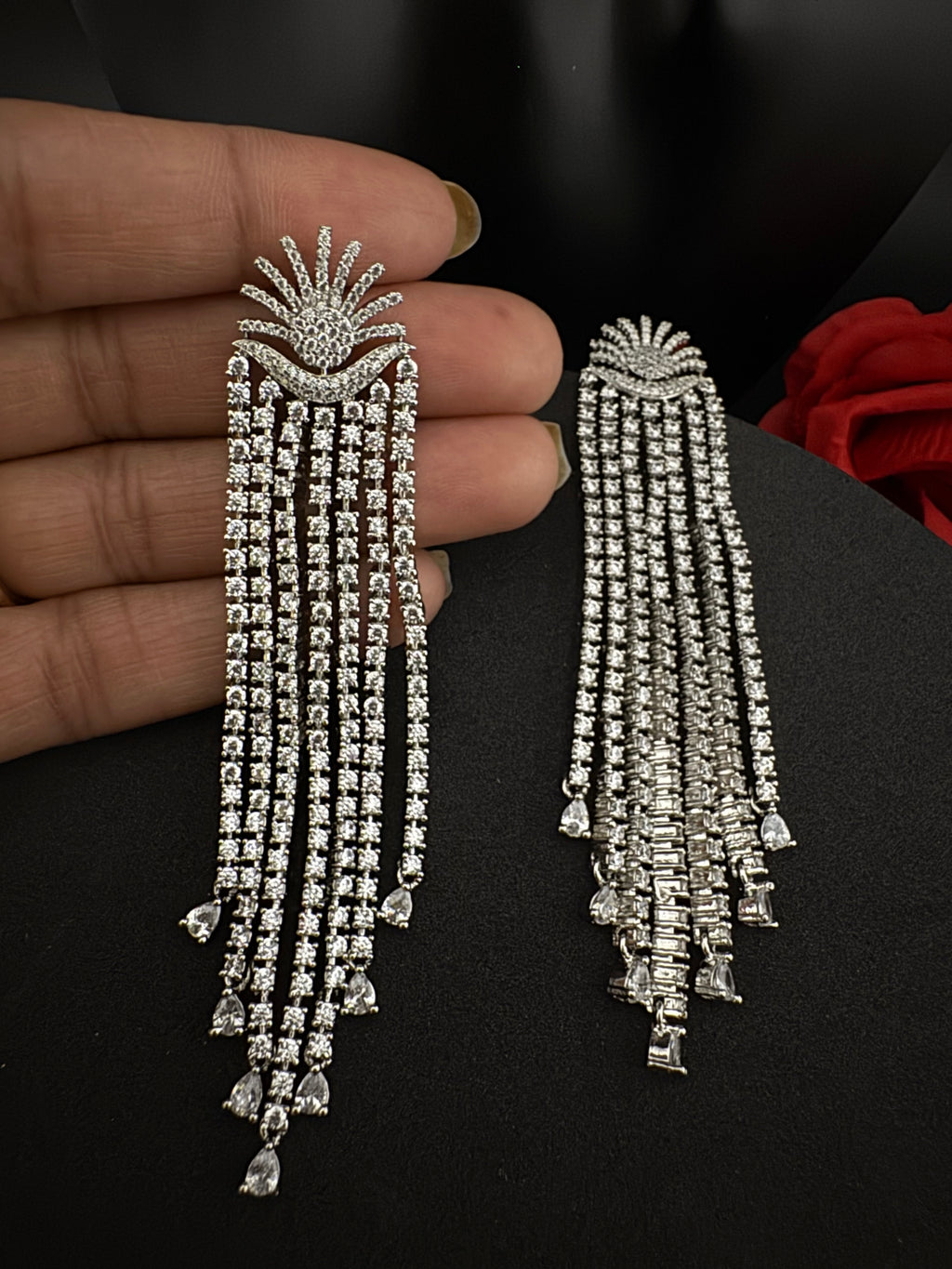 Premium Cubic Zirconia Chandelier extra long earrings, sun style long CZ tassel, Statement Long earring, Bridal, Party, Wedding jewelry