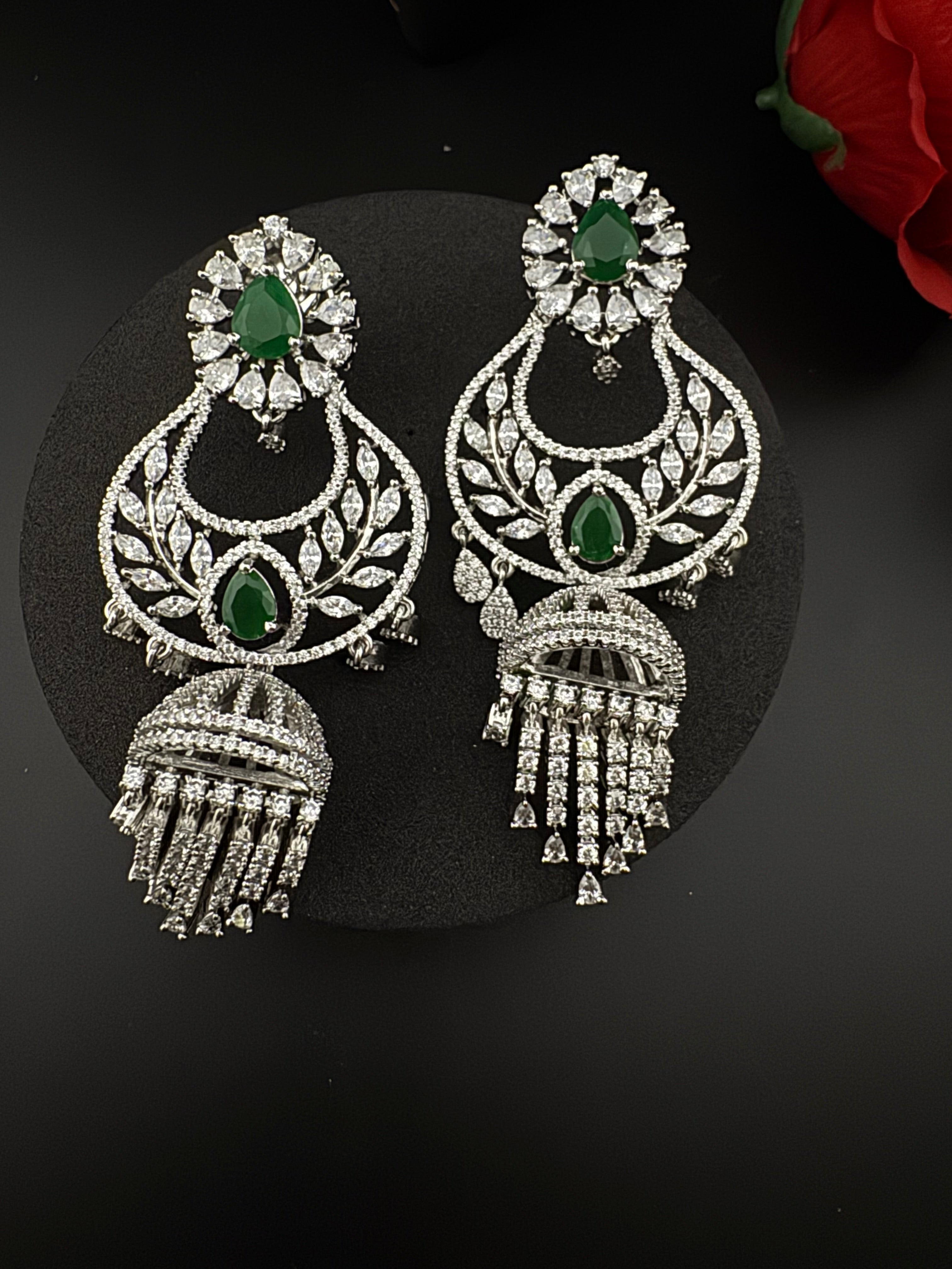 Premium Cubic Zirconia Chandbali humka earrings is designer Inspired, Statement Long earring, Bridal, Party, Wedding jewelry, chic, Indian