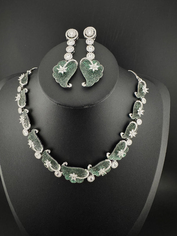 Nano Setting CZ Diamond Statement Green Necklace Set, White Gold Plated Choker, nature inspired
