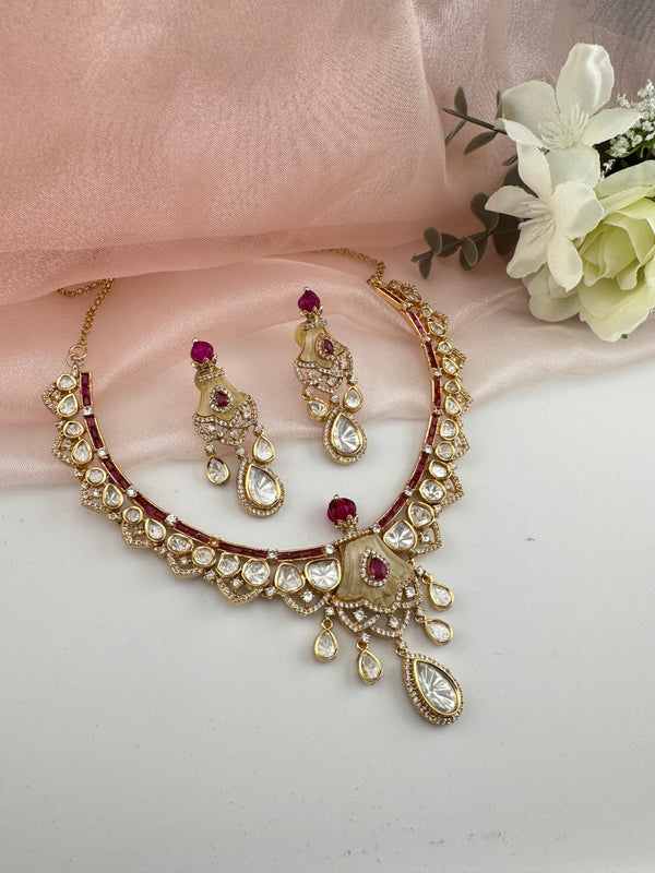 Kundan, Moissanite, MOP, CZ Flexible Gold necklace set, Indian Bridal Jewelry
