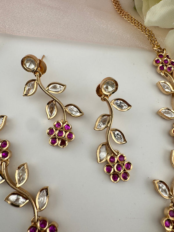 Kundan, Moissanite, stone Sleek Gold flower long necklace set, Indian Bridal Jewelry