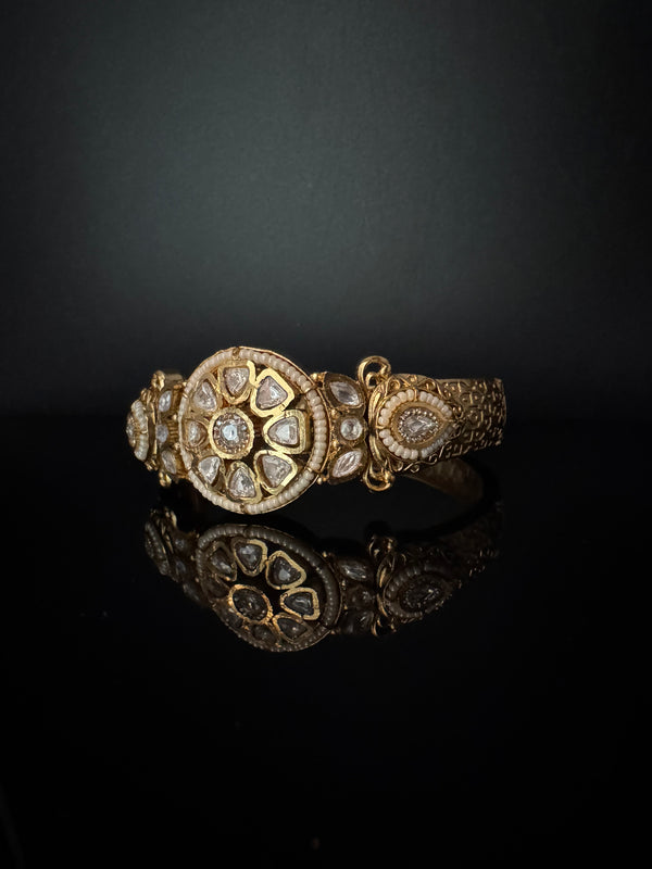 Moissanite Kundan, Pearl, CZ Designer Bracelet Bangle, Matt Gold Polish (Fits upto 2.6" Wrist)