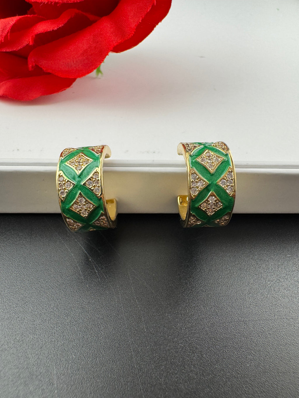 Cubic Zirconia and Enamel hoops, Indian jewelry, everyday lightweight earrings/Bridesmaid Gift/designer hoops/Small Statement hoops