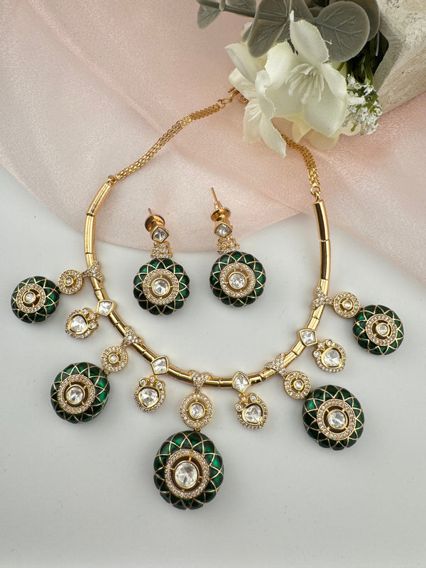 Enamel, Minakari, Kundan, CZ Gold plated Hasli necklace set, Indian Bridal Jewelry set