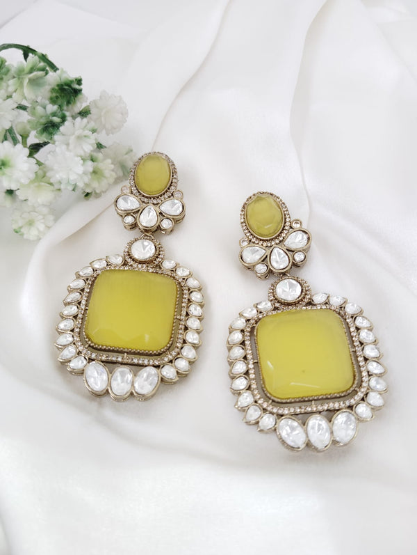 Gold with Yellow Doublet stone, kundan, cubic zirconia chandbali Drop earrings, Indian Jewelry